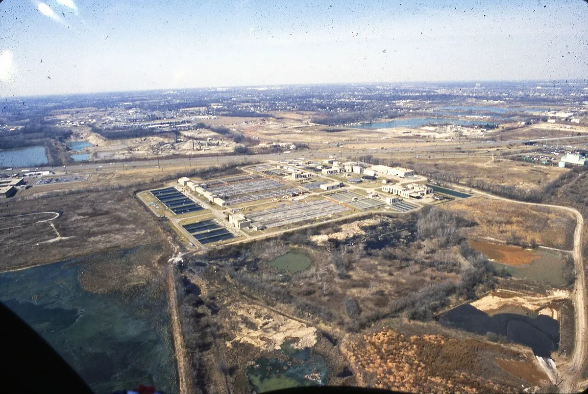 Aerial view of a wastewater treatment lagoon and pond system